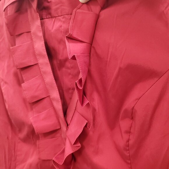 Express Design Studio Women's Y2K Dark Red Stretch Ruffle V-Neck Career Shirt S - Picture 2 of 7